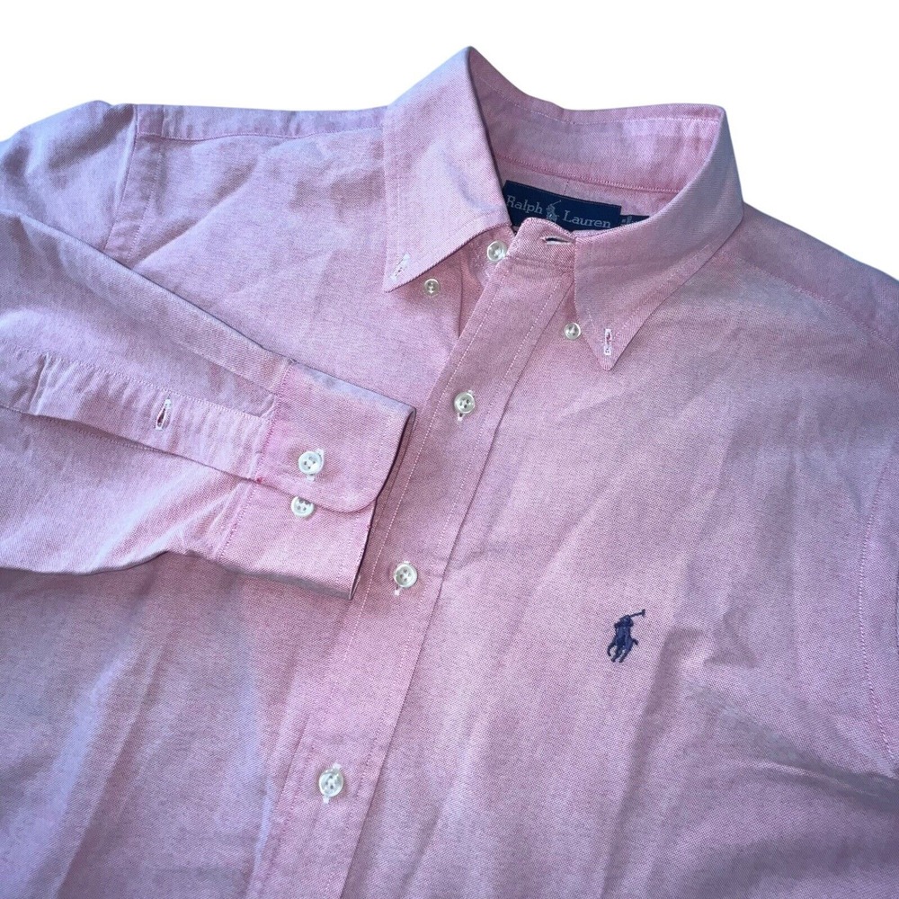 Ralph Lauren Shirt Mens 15.5 34/35 Pink Blue Pony Button Down Long‎ Sleeve Dress